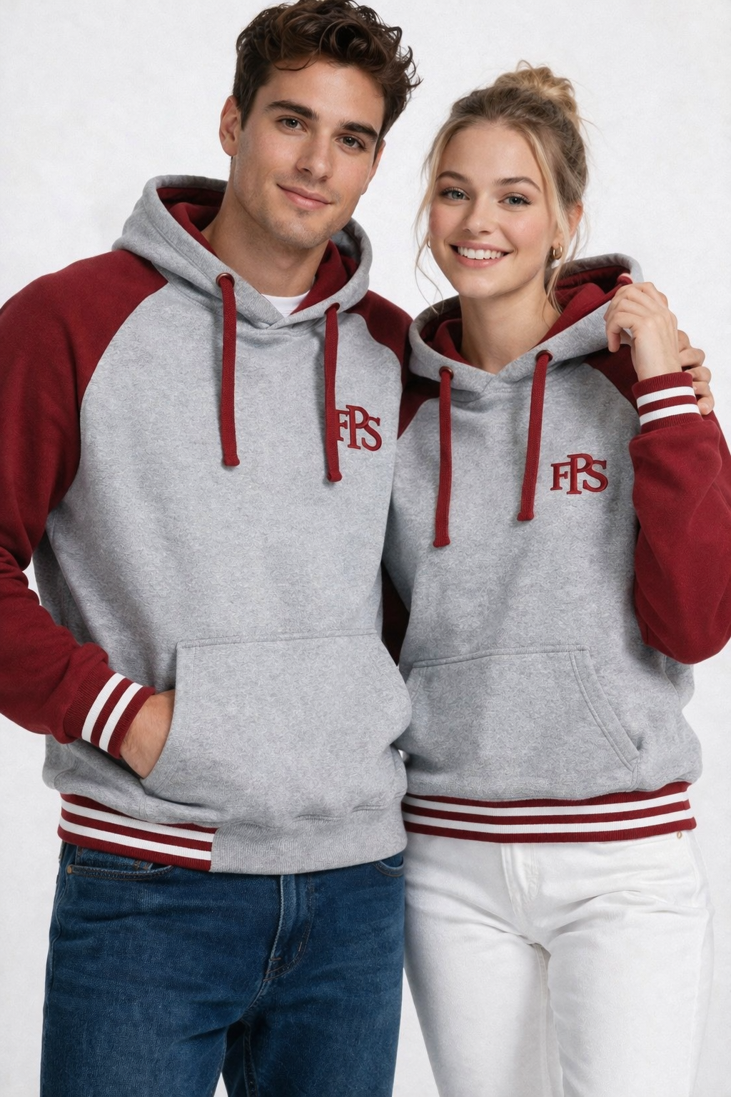 Pareja con la sudadera gris y roja bordada