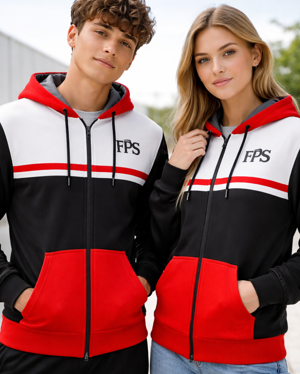 Sudadera FPS con capucha tricolor (negro, rojo y gris) unisex